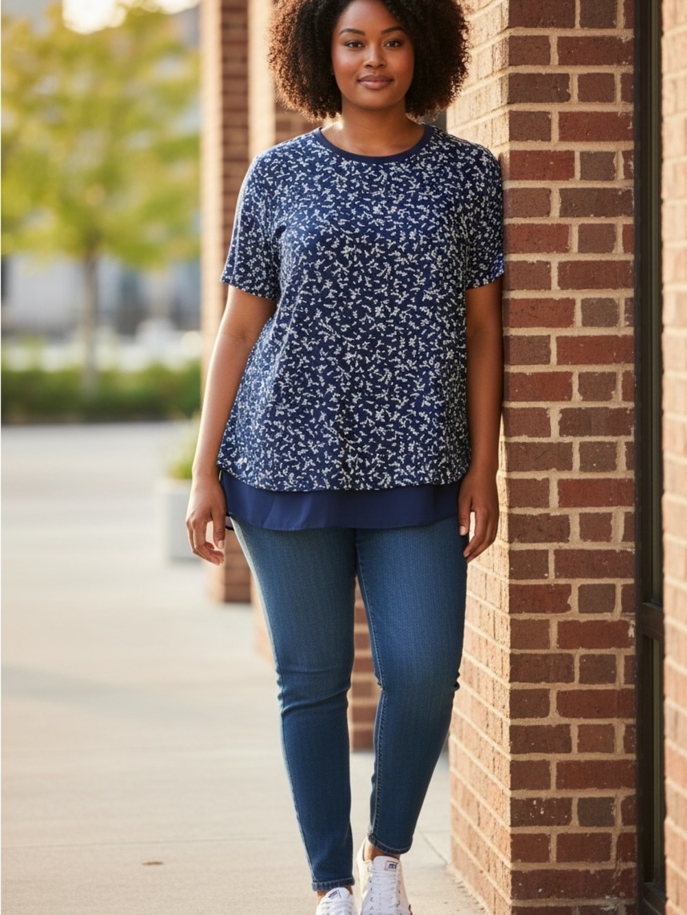 Hilary Radley Navy White Floral Layered Short Sleeve Top Size Small